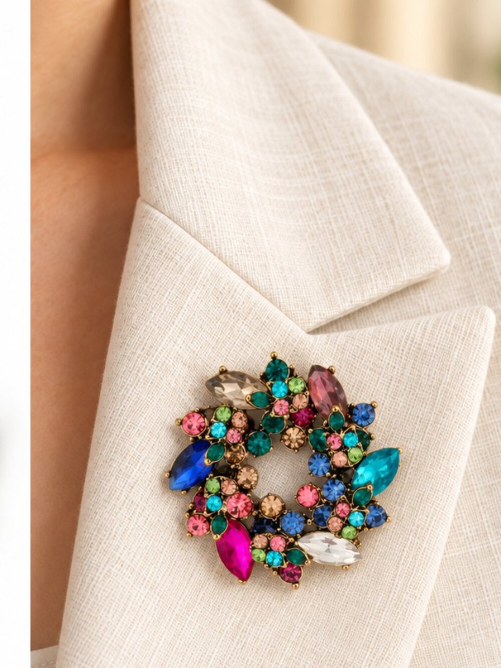 Multicolor Rhinestone Statement Brooch | Gold Tone